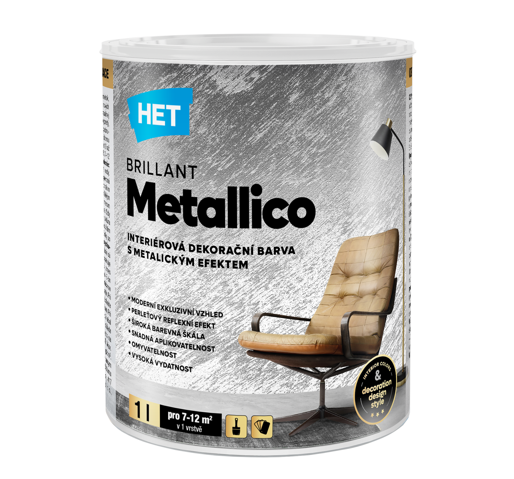 Moderní perleťový pololesklý "kovový" vzhled. Snadné nanášení širokým plochým štětcem.